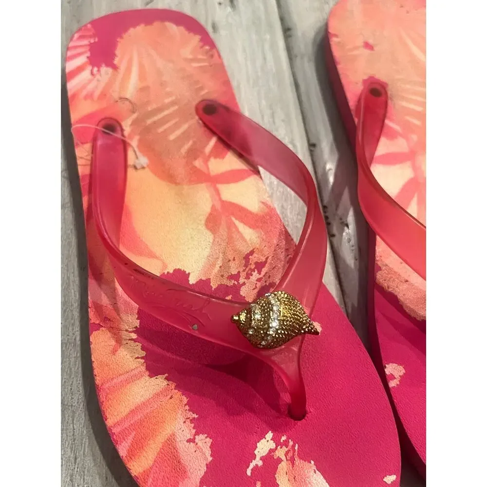 Miss Trish Tropical Pink Shell Rhinestone Flip Flops Y2K Resort Sandals 7